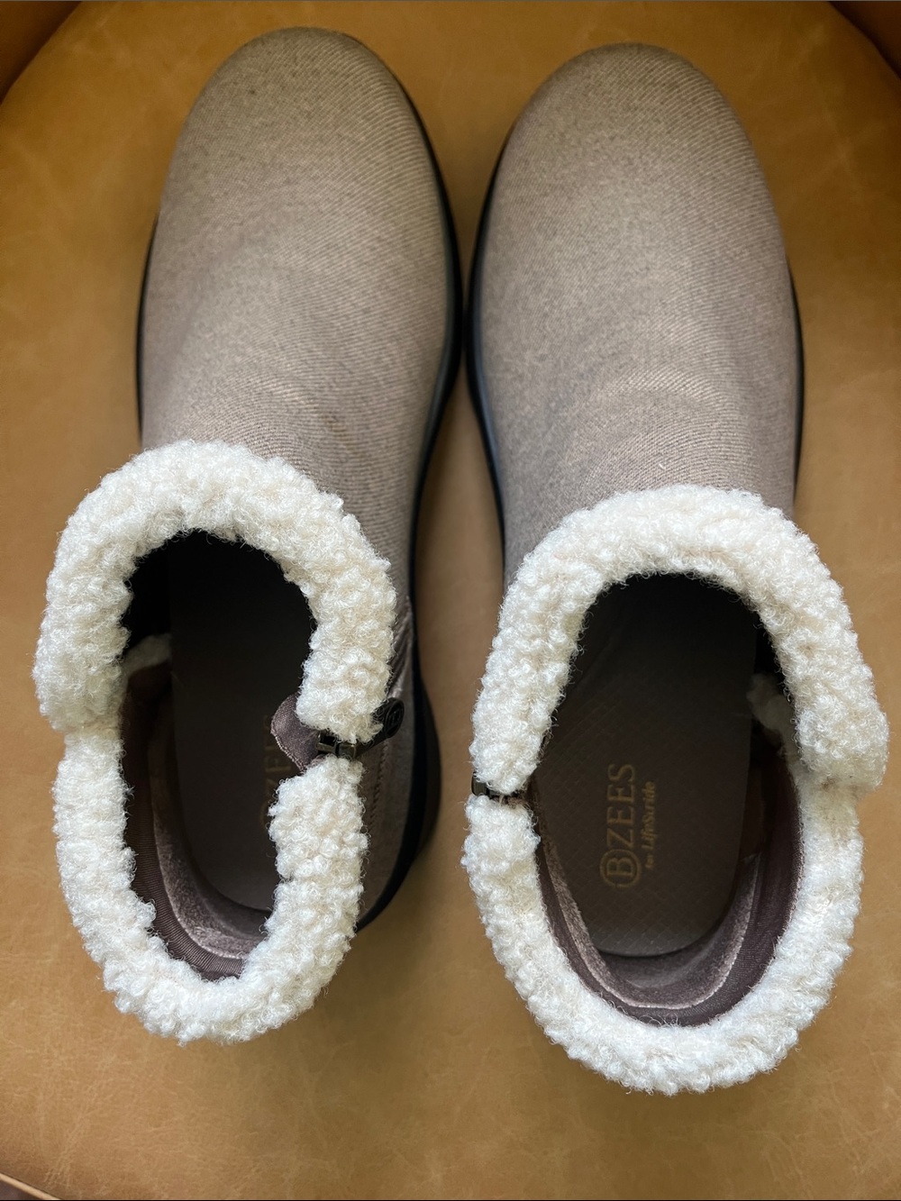 Bzees Taupe Slip‑On Winter Booties with Cream Sherpa Collar
